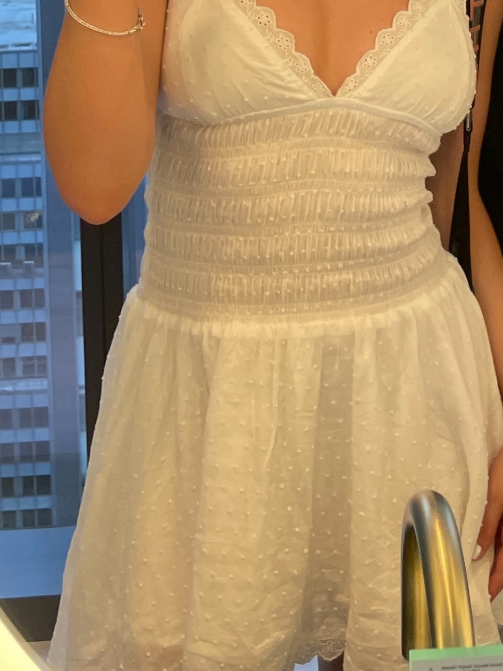 White Smocked Mini Dress with Lace Trim